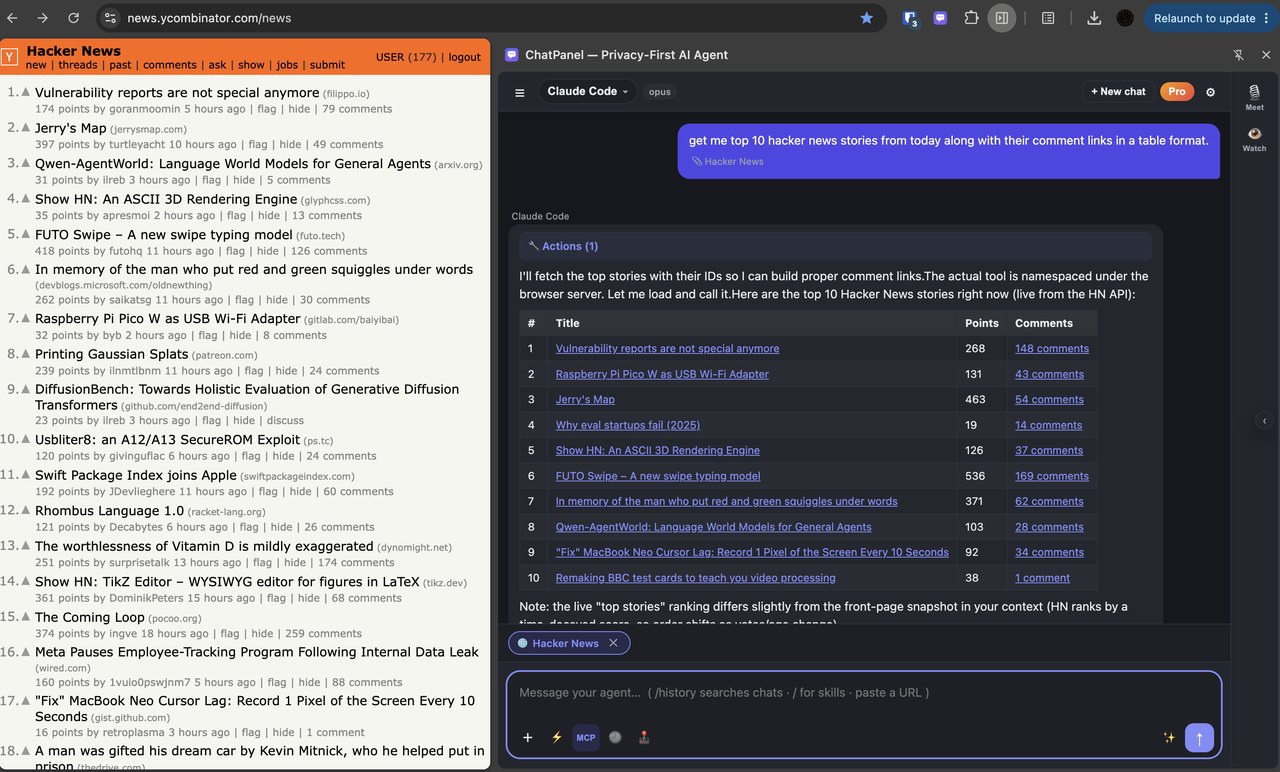 Chap open beside Hacker News, pulling the top stories into a table with comment links.